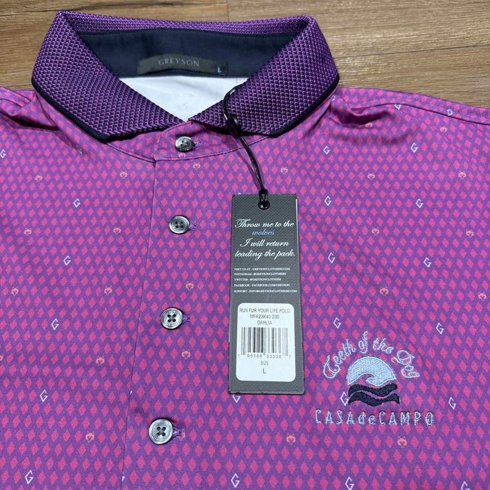 NWT Greyson Men's LARGE Purple Polo Shirt Stripe Casa De Campo Teeth Of The Dog